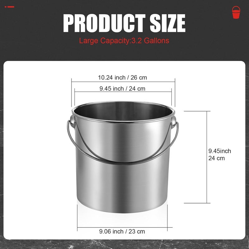 Hsei 2 Pcs Stainless Steel Bucket for Pet Cleaning, 3.2 Gallon Metal Bucket Water Pail with Handle for Fence Kennel Cage Garage Garden Workshop - Image 2